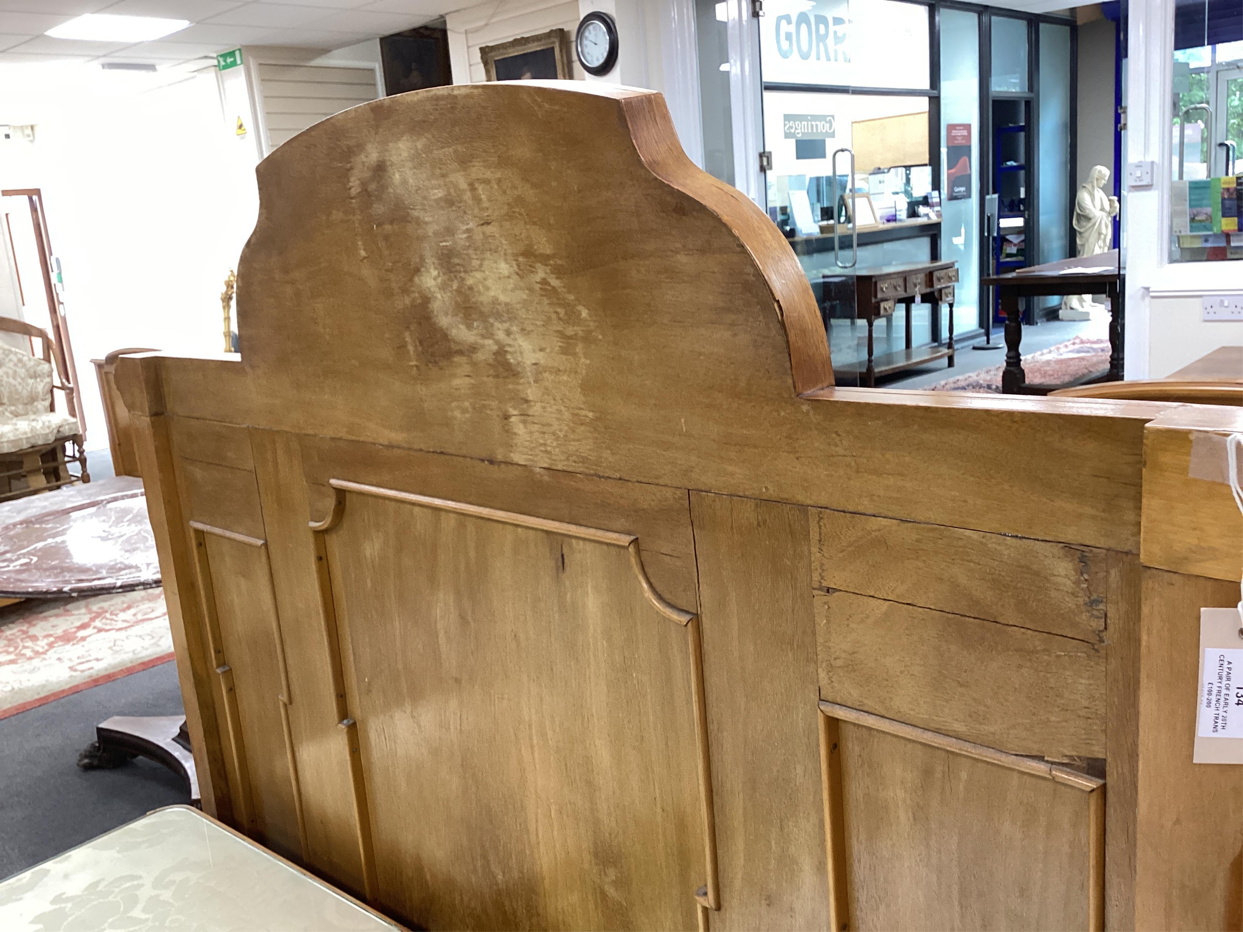 A pair of early 20th century French transitional style gilt metal mounted parquetry inlaid 4ft. bedframes, height 150cm